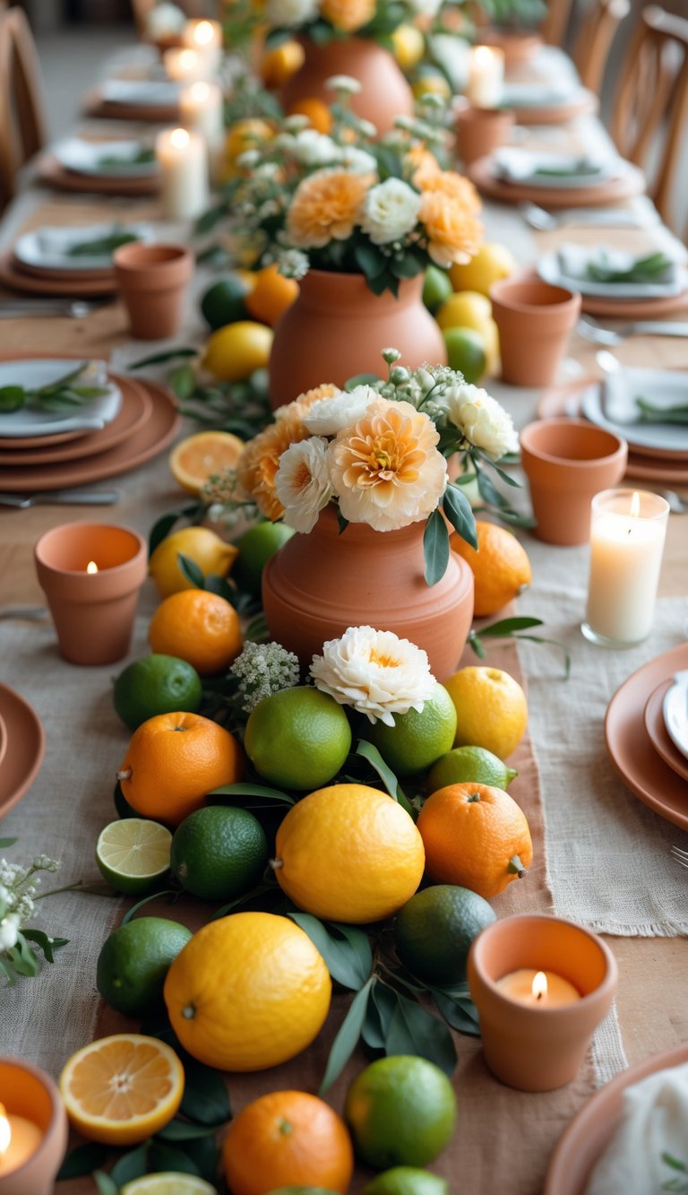 A full view of a table decorated with terracotta pots, bright citrus fruits, candles, and floral arrangements.
