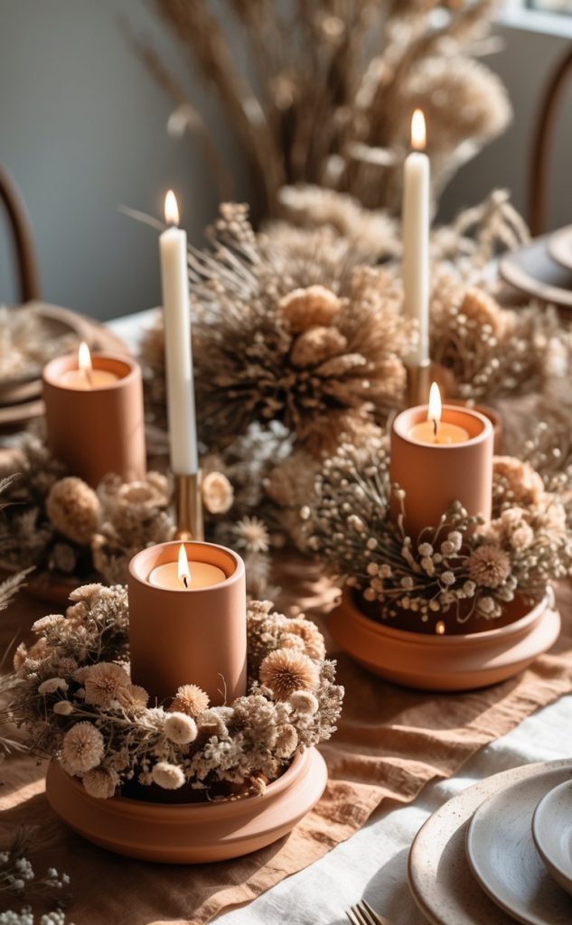 A dining table decorated with lit brown candles surrounded by dried flowers, beige plates, gold cutlery, and a brown tablecloth.