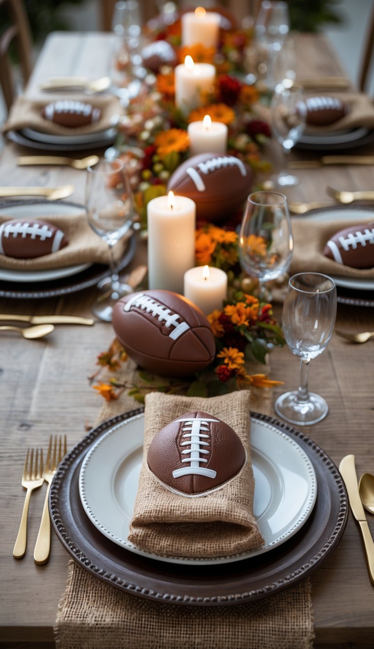 A football-themed holiday table setting with brown burlap napkin holders featuring football stitching, candles, floral centerpieces, and neatly arranged plates and glassware.