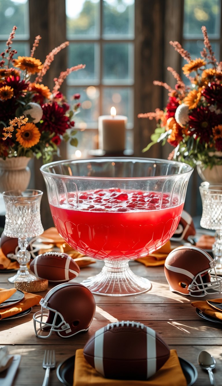 A table set for a football tailgate event featuring a large punch bowl, candles, floral arrangements, and football-themed decorations.