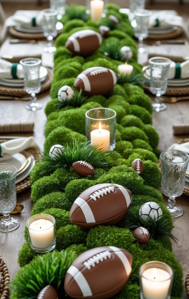A dining table decorated with a green mossy runner, footballs, soccer balls, and lit candles, set with plates, glasses, and napkins for a sports-themed meal.