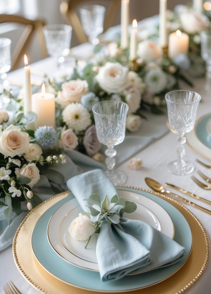 Elegant table setting with gold-rimmed plates, crystal glasses, blue napkins, floral centerpieces, and lit candles on a white tablecloth.