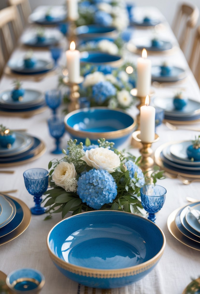 A full table set with blue ceramic bowls trimmed in gold, surrounded by floral centerpieces and candles.
