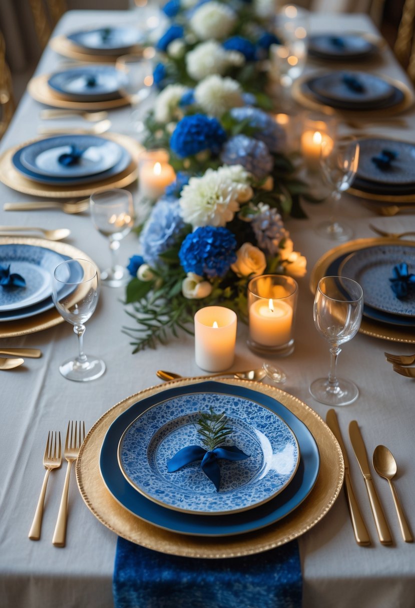 A full view of a table set with metallic gold placemats, blue-patterned plates, candles, and floral centerpieces.
