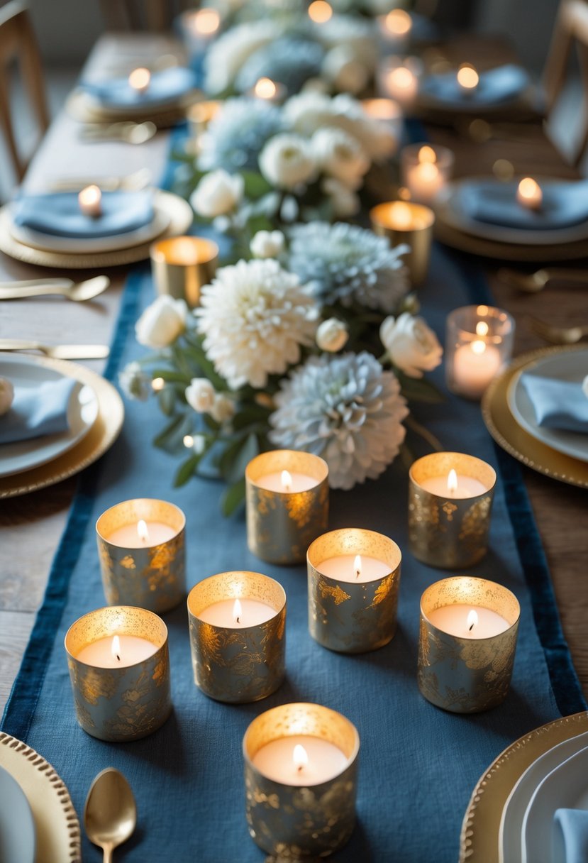 A table set for an event with gold leaf tea light holders on a blue runner, surrounded by candles and white and blue flowers.