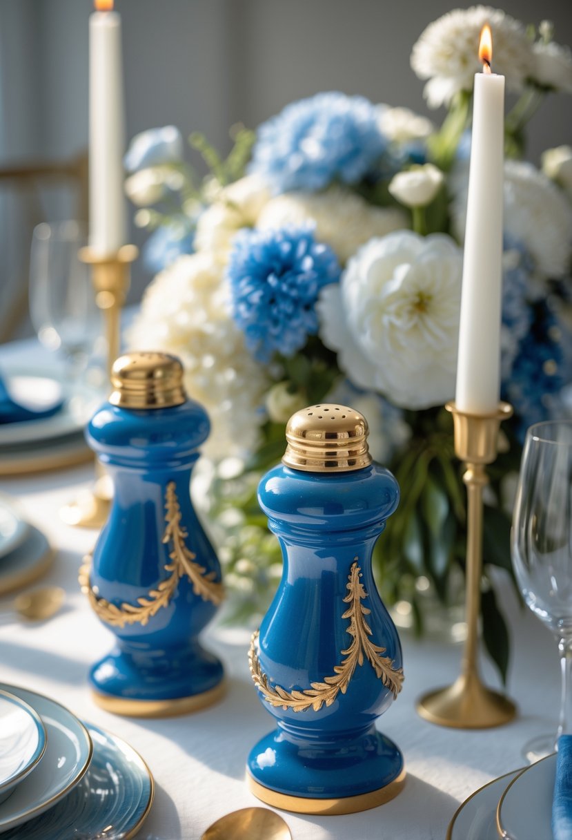 A beautifully arranged table set for an event with blue ceramic salt and pepper shakers, white and blue flowers, candles, and elegant dinnerware.