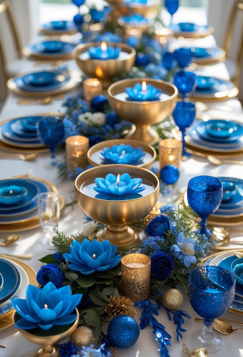 A full table setup with gold bowls holding blue lotus floating candles, surrounded by blue and gold flowers and tableware, all illuminated by natural light.