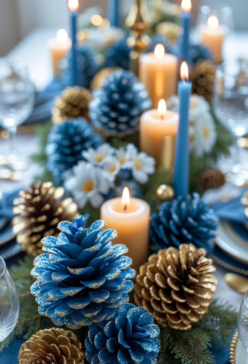 A holiday table set with blue and gold pinecones, candles, and floral centerpieces arranged on a decorated table.