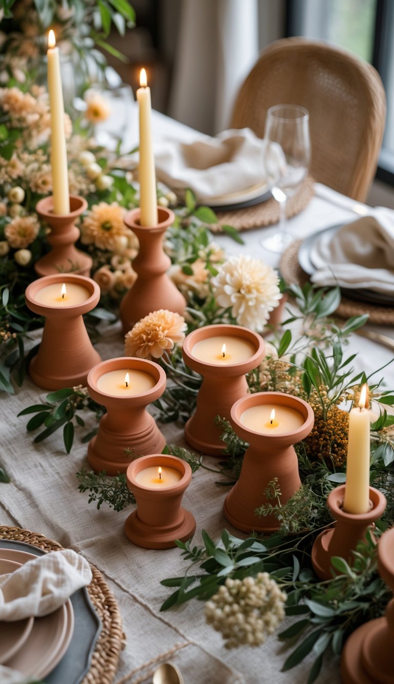 A beautifully arranged Italian dinner table with terracotta candle holders holding beeswax candles, surrounded by floral arrangements and tableware.