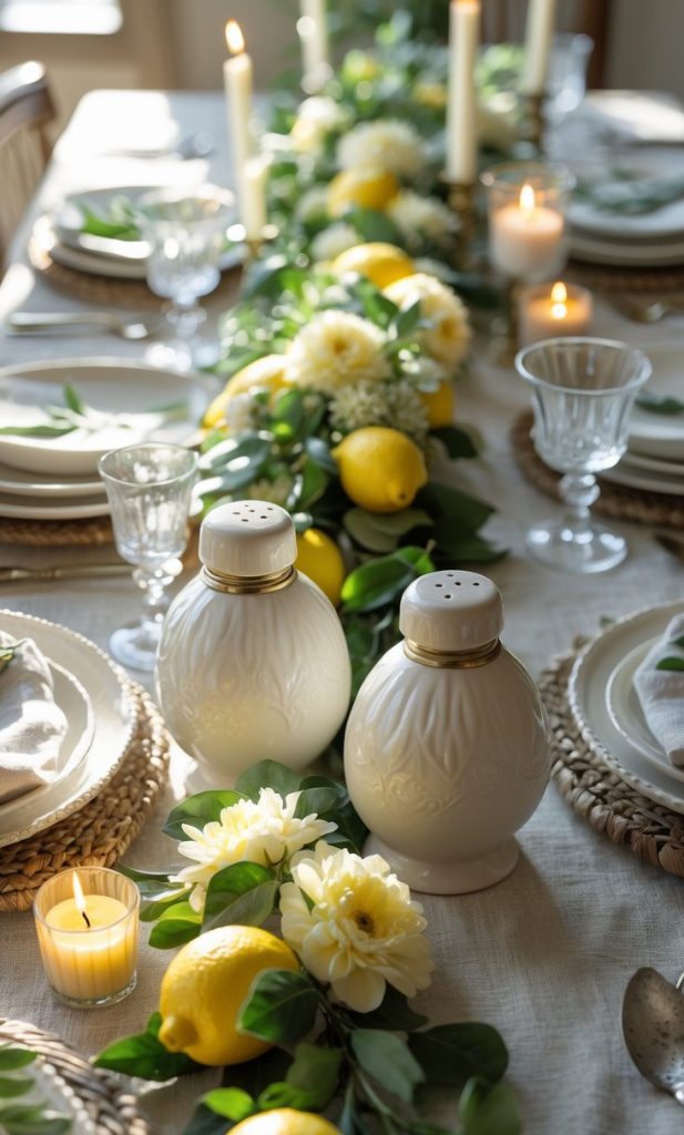 A dining table set with plates, glasses, candles, floral and lemon centerpiece, and decorative salt and pepper shakers on a woven placemat.