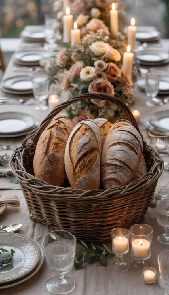 A dining table set for a meal features a wicker basket with loaves of bread, floral centerpieces, lit candles, plates, and glassware arranged neatly.