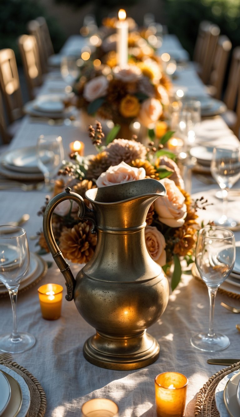 A full table setup with an antique brass water pitcher, flowers, candles, and dinnerware arranged for an Italian dinner party.