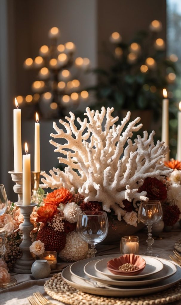 Elegant dining table set with plates, wine glasses, candles, and a large white coral centerpiece, surrounded by orange and white floral arrangements.