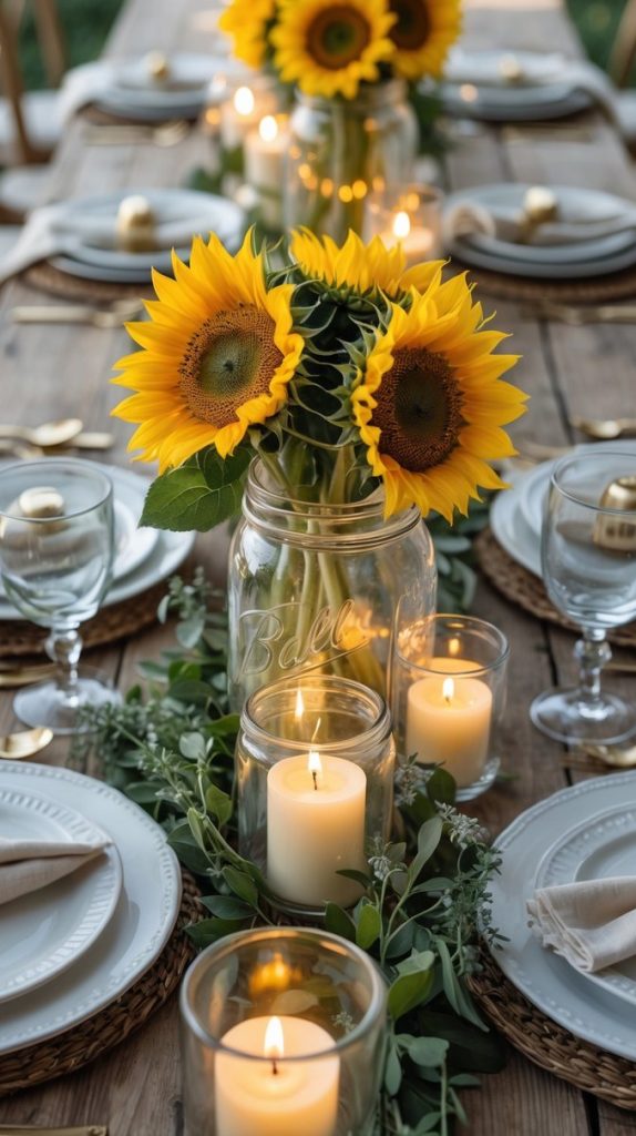 A rustic wooden table set for a meal with white plates, napkins, glassware, sunflowers in jars, greenery, and lit candles as a centerpiece.