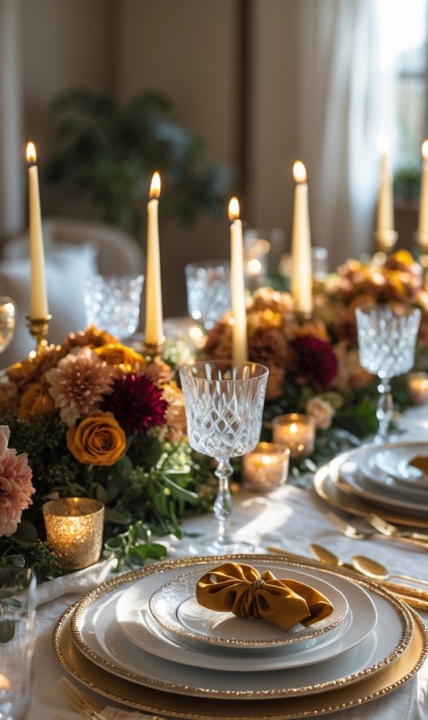 Elegant dining table set with gold-rimmed plates, crystal glasses, gold cutlery, floral centerpieces, and lit candles creating a warm, inviting atmosphere.