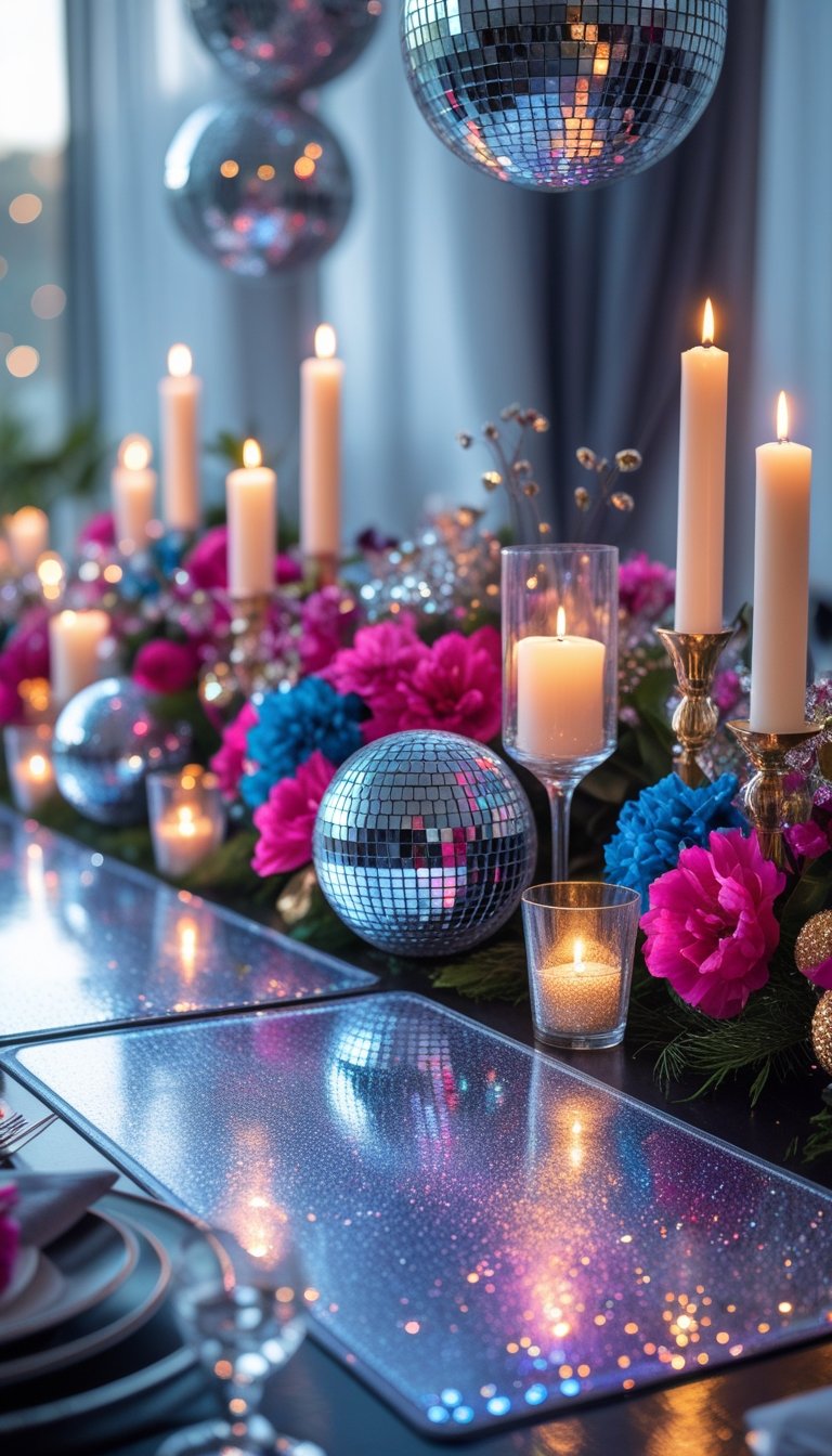 A festive table set with colorful flowers, candles, disco balls, and personalized disco dance floor mats as the centerpiece under natural light.