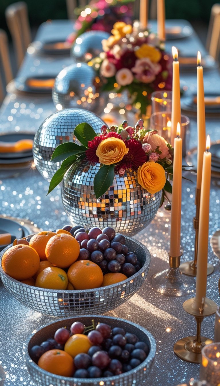 A festive table set with glitter-covered fruit bowls, disco ball centerpieces, flowers, and lit candles arranged under natural light.