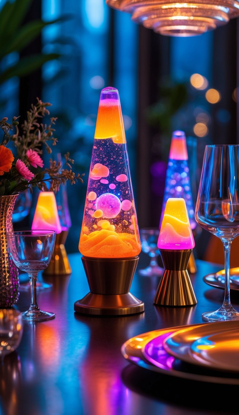 A table decorated with vintage lava lamps and colorful disco-themed decorations emitting warm, colorful light.