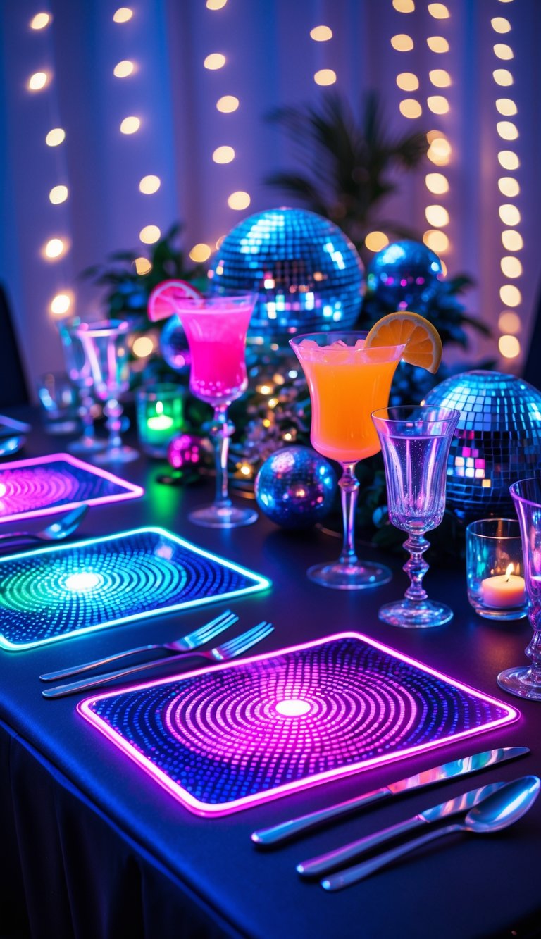 A colorful disco-themed table setting with glowing LED placemats, glassware, disco balls, and decorative lights.