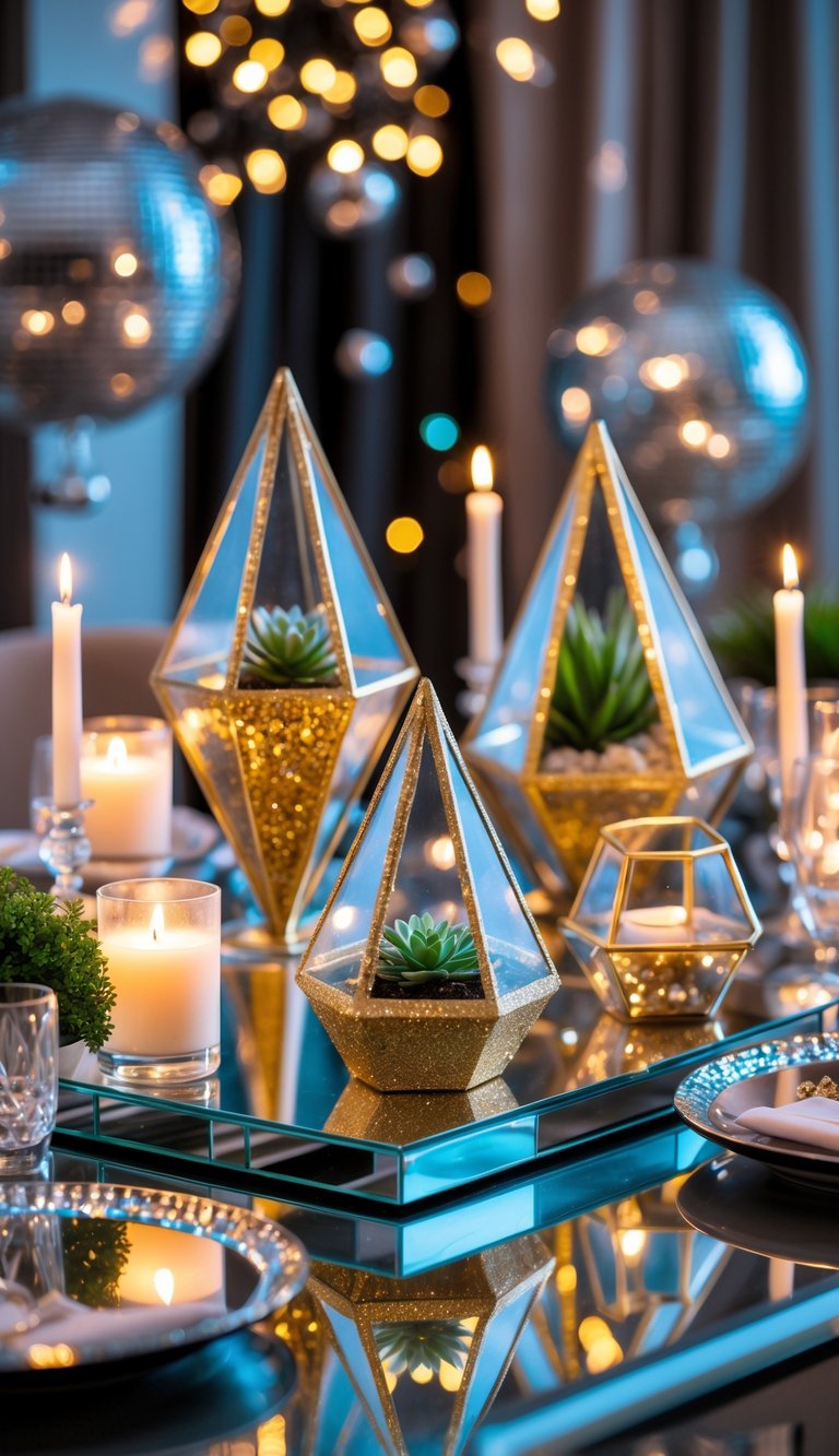 A table set with gold glitter geometric terrariums surrounded by candles, plants, and glassware, creating a festive and elegant party scene.
