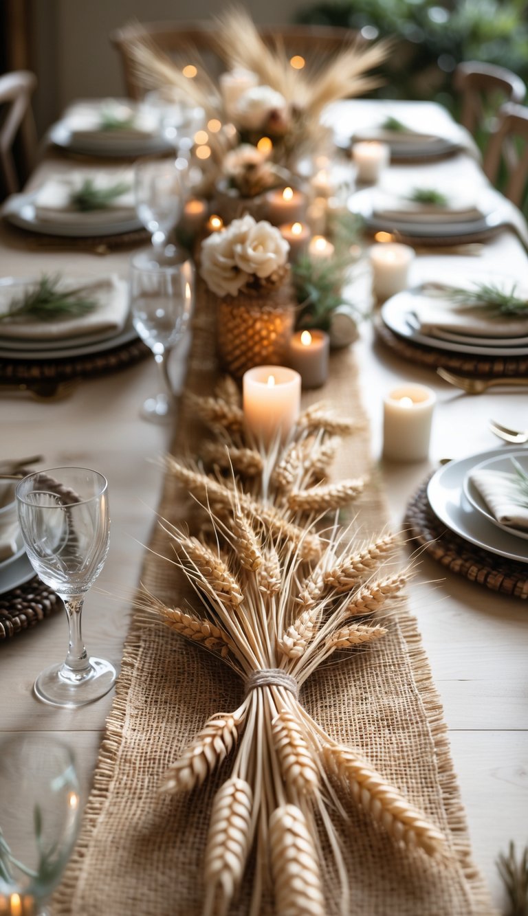 A full view of a rustic event table with a burlap runner decorated with dried wheat bundles, candles, and floral centerpieces under natural daylight.
