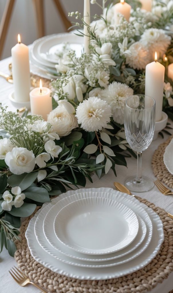 A dining table set with white plates, gold cutlery, crystal glasses, and surrounded by white flowers and lit candles arranged along the center.