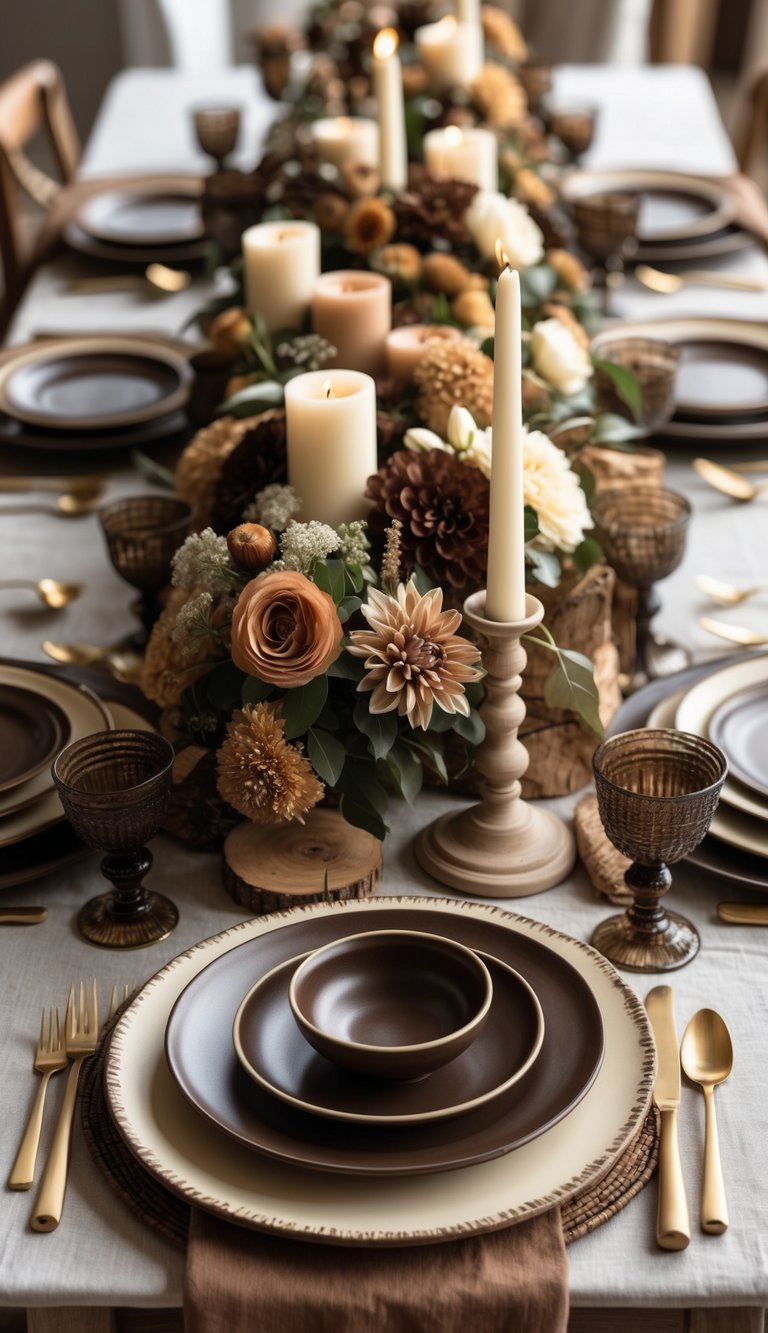 A dining table set with dark brown ceramic plates with cream accents, candles, and floral centerpieces in natural light.