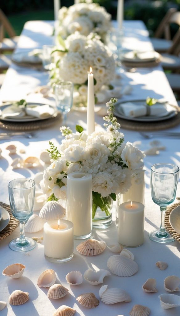 A long table set outdoors with white flowers, candles, glassware, plates, and scattered seashells as decoration.