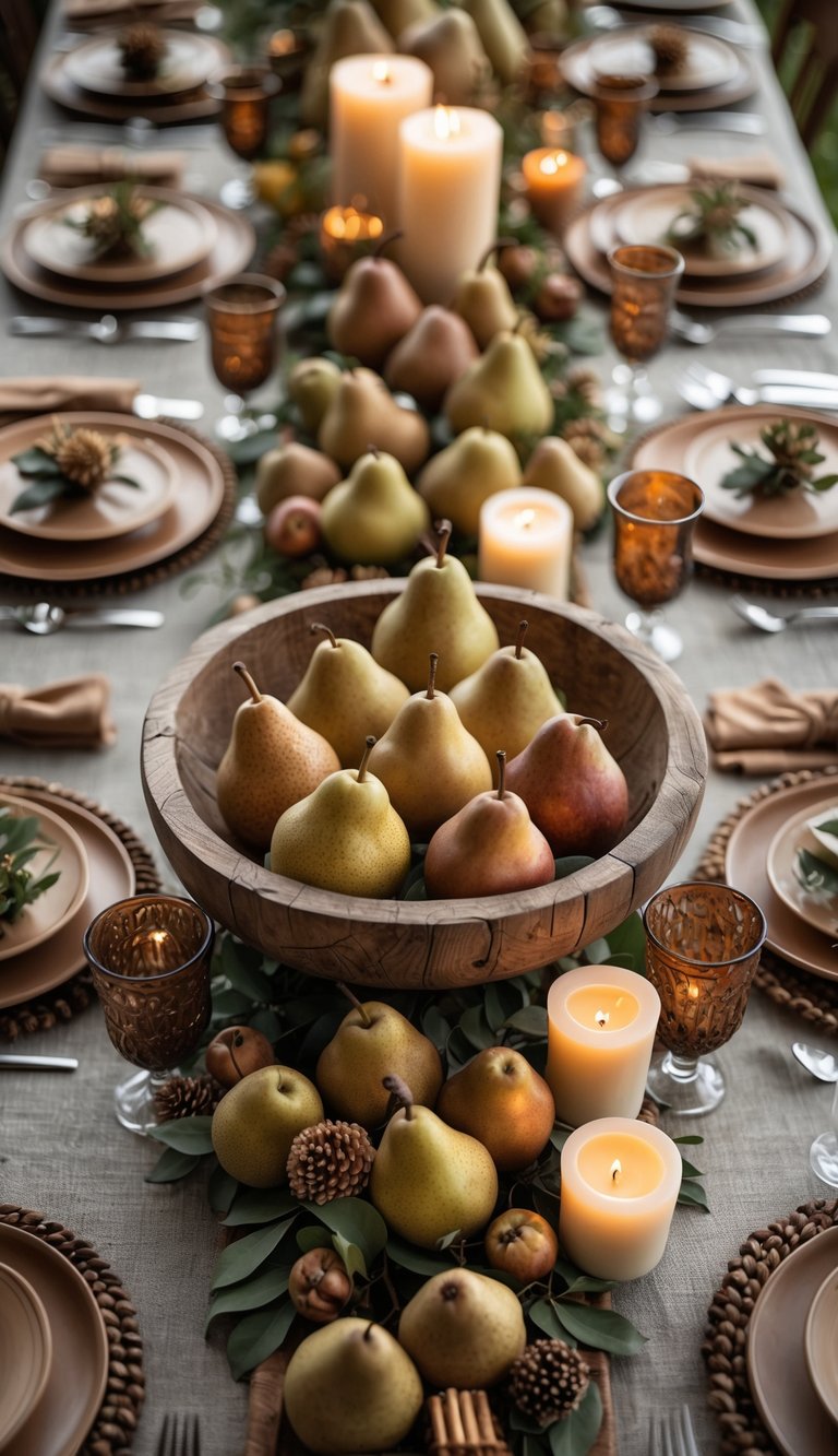 A rustic wooden bowl filled with seasonal pears on a brown-themed table set with candles and flowers.