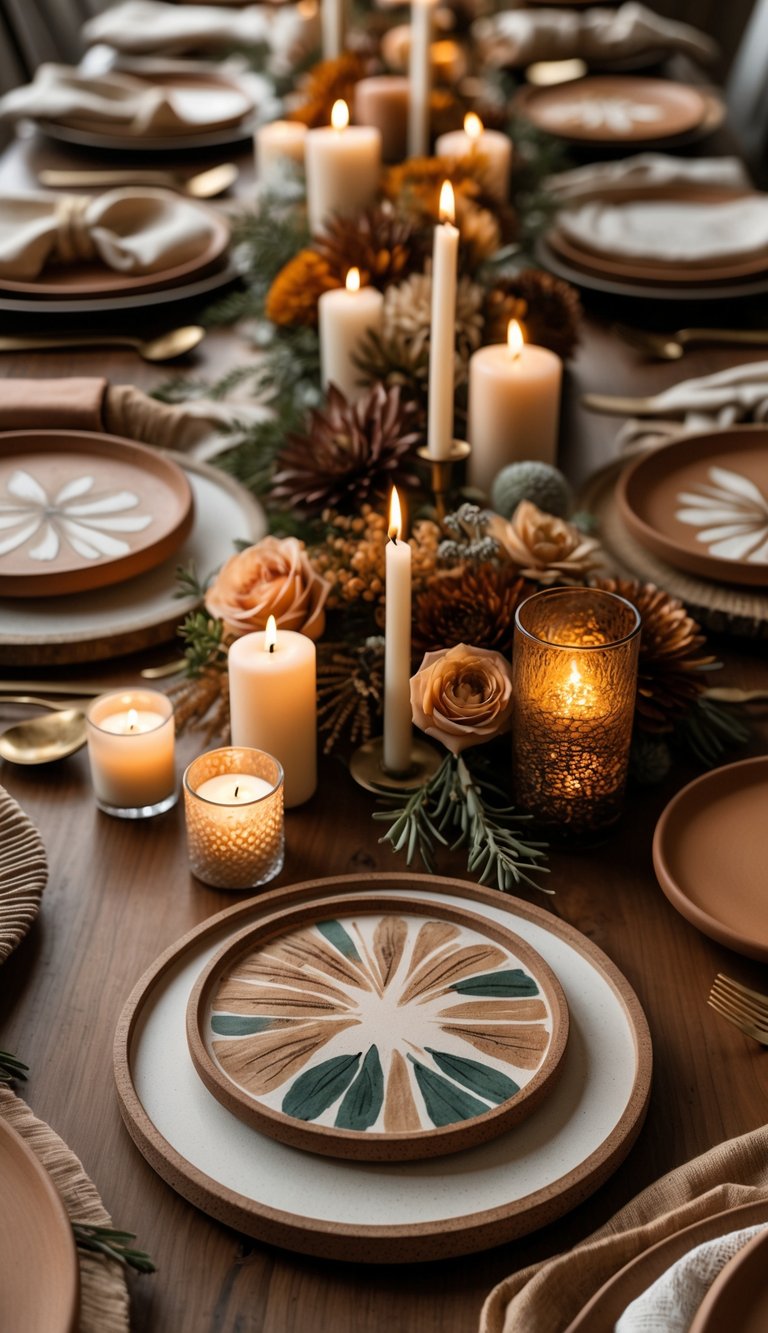 A full view of a brown tablescape with hand-painted ceramic coasters, floral centerpieces, candles, and tableware arranged on a wooden table.