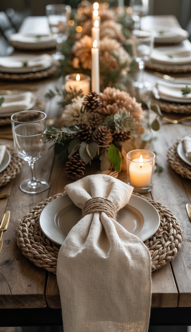 A full view of a holiday table set with napkins wrapped in natural jute twine, floral centerpieces, candles, and rustic wooden table.