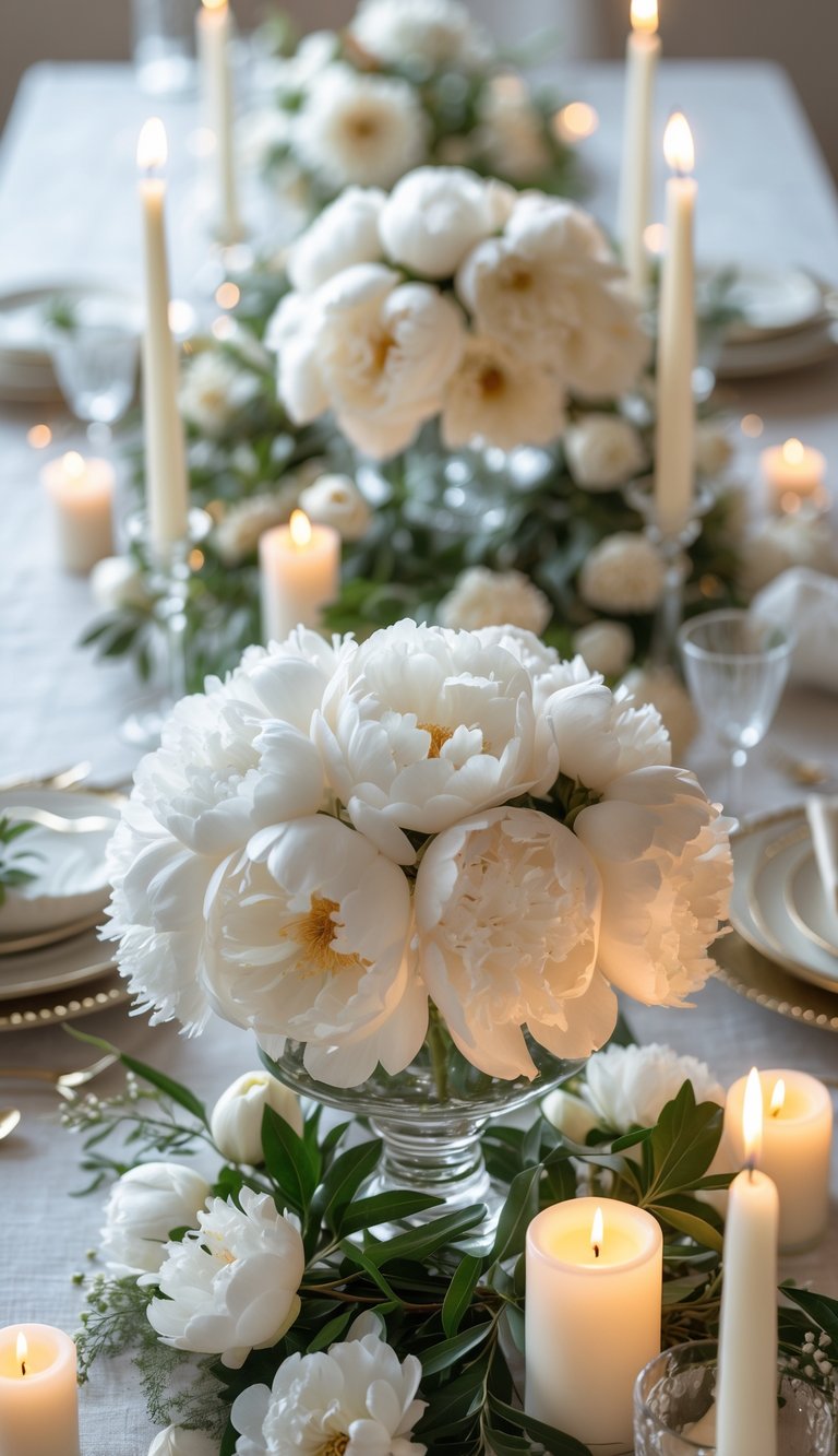 A full table setup with a low vase of white peonies as the centerpiece, surrounded by candles and additional flowers, all arranged neatly on a dining table.