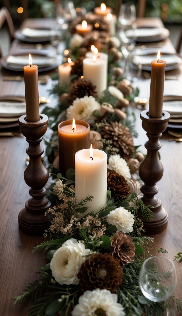A full view of a table set with dark wood candlesticks holding pillar candles, surrounded by brown decor and floral arrangements.