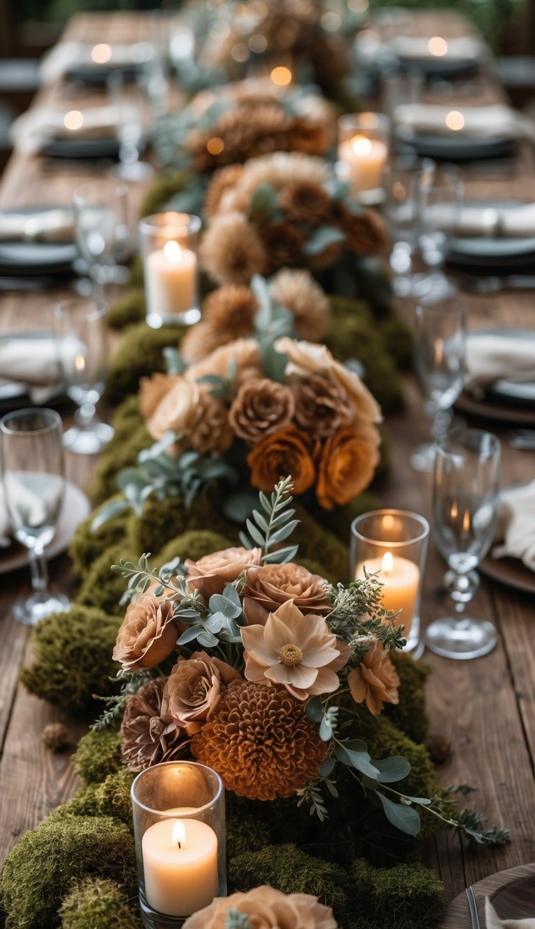 A brown wooden table set with moss accents, floral centerpieces, and candles arranged for a holiday or event.