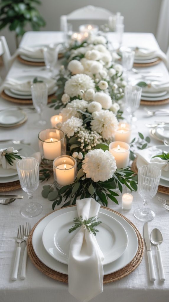 A dining table set with white plates, glassware, and silverware, decorated with white flowers, greenery, and lit candles on a white tablecloth.