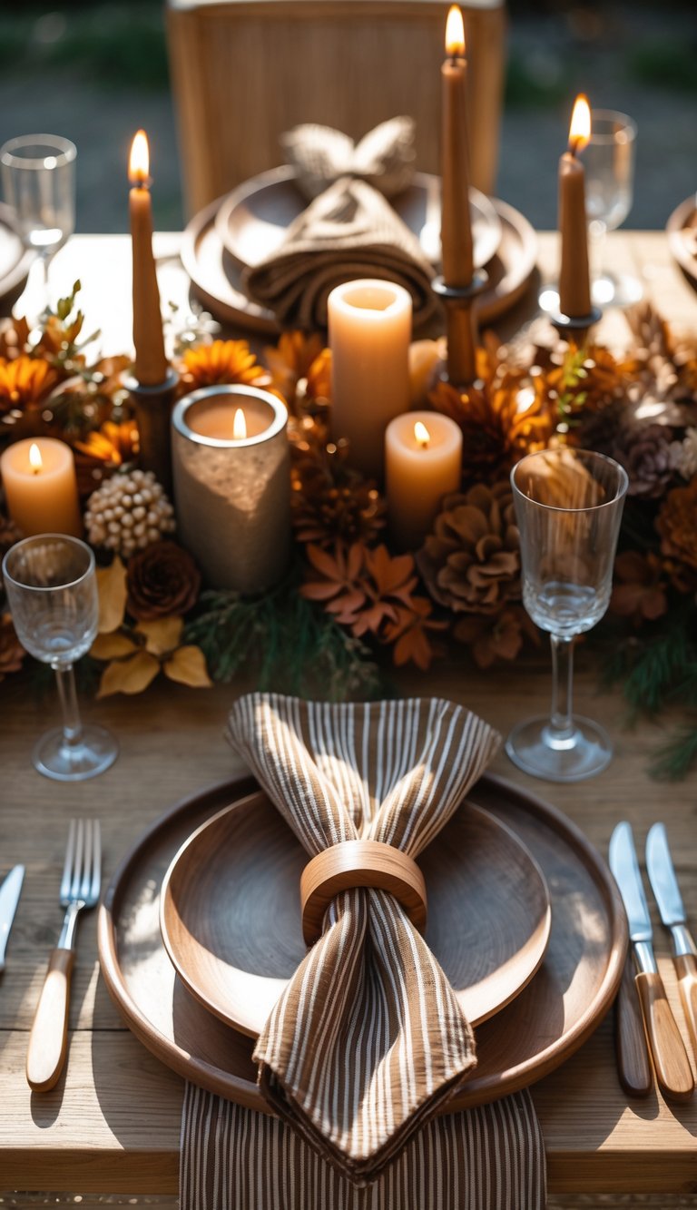 A full view of a brown-themed tablescape with striped napkins held by wooden rings, floral centerpieces, candles, and natural lighting.
