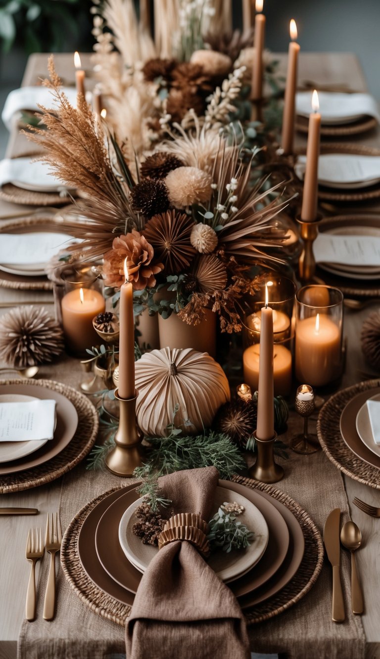 A full view of a brown-themed event table set with bronze flatware, candles, floral centerpieces, and natural decor elements.