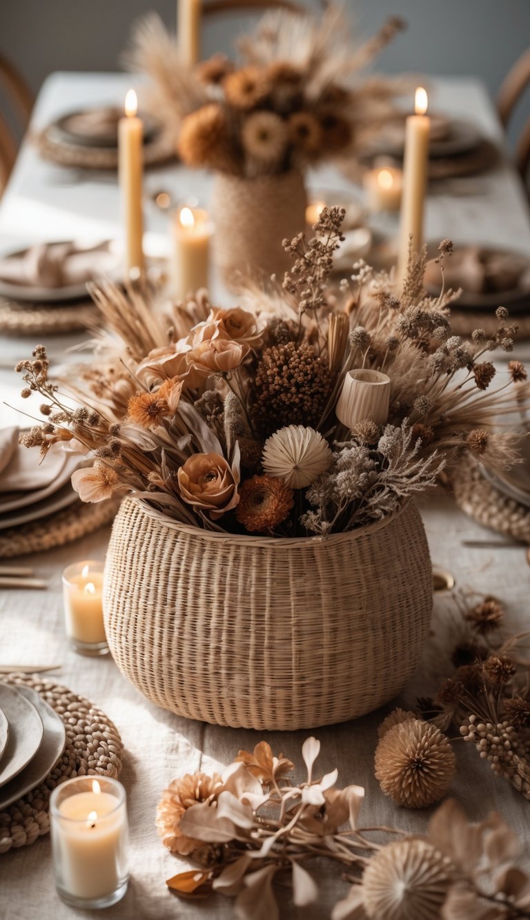 A full view of a table set with a light brown woven basket centerpiece filled with dried flowers, surrounded by candles and rustic tableware.