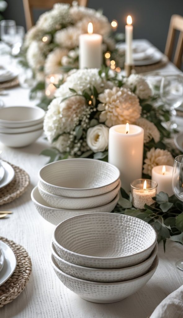 A neatly set dining table with stacked white bowls, plates, woven placemats, lit candles, and white floral centerpieces arranged decoratively.