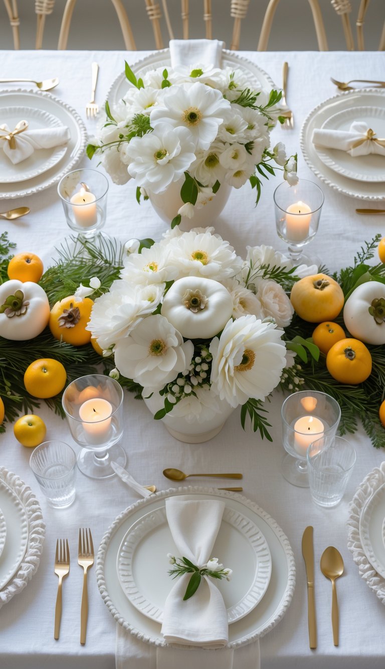 A white-themed table set for a holiday event, decorated with white persimmons, citrus fruits, flowers, candles, and elegant tableware under natural light.