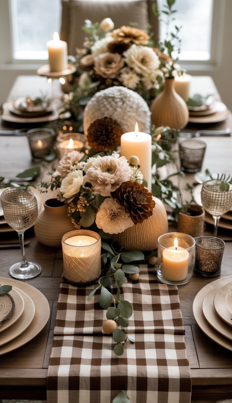 A full view of a table set with a brown and beige gingham table runner, floral centerpieces, and lit candles.