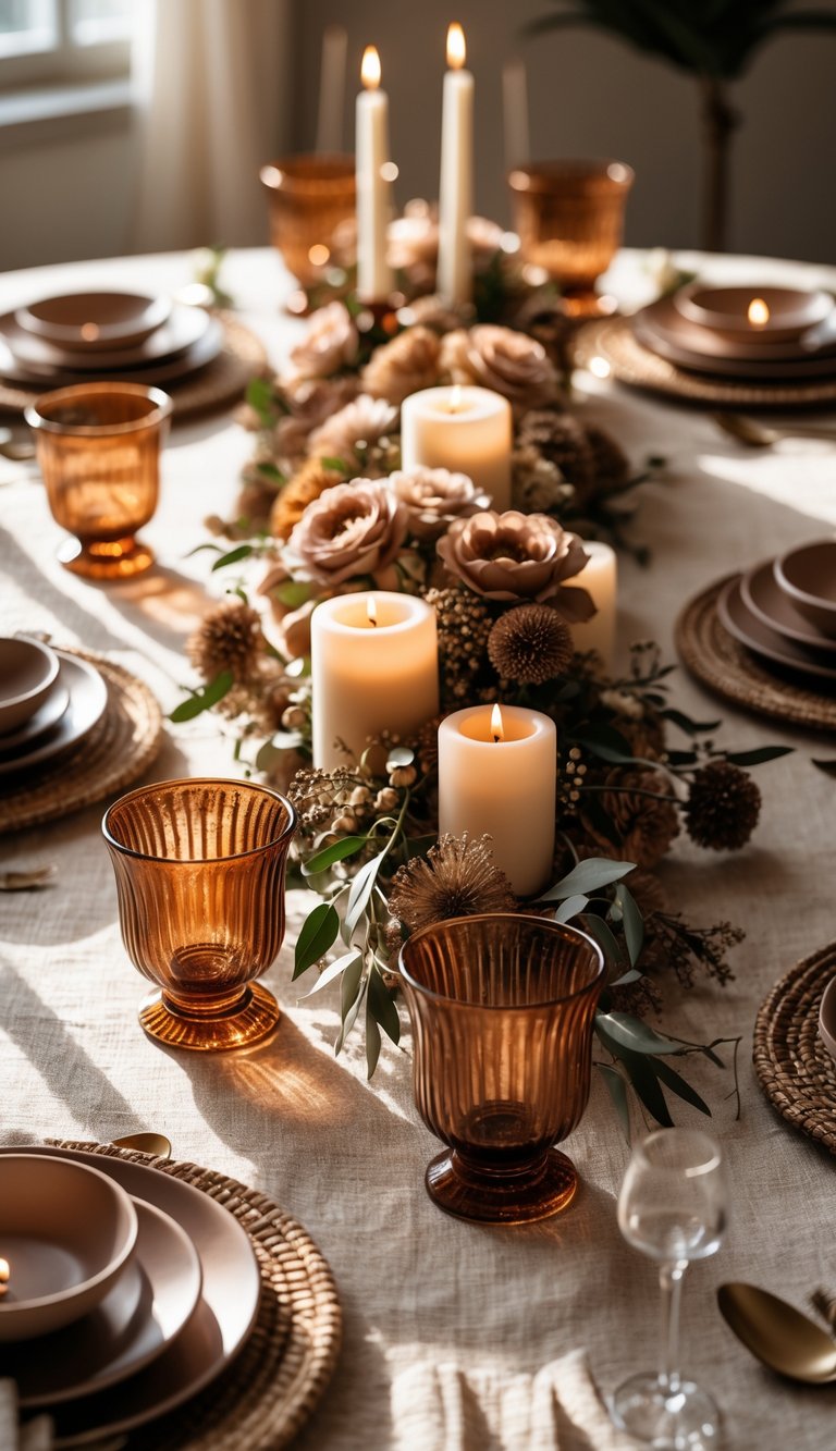 A full view of a table set for an event with rust-colored glassware, brown table linens, floral centerpieces, and lit candles.