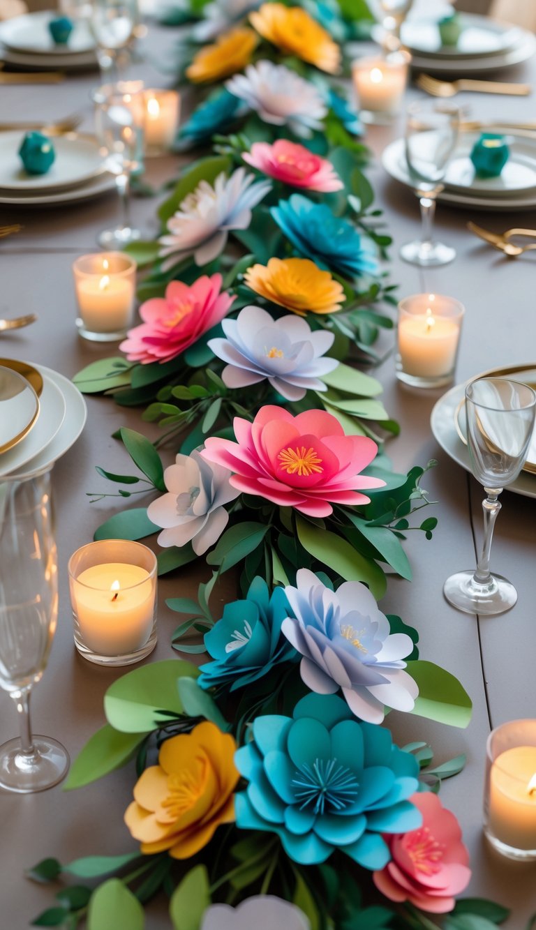 A birthday table set with a handmade paper flower garland centerpiece, candles, and elegant tableware under natural light.