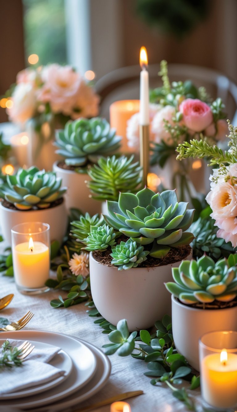 A full view of a birthday table set with succulent plant favors, candles, and floral arrangements.