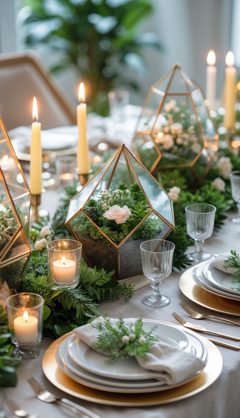 A birthday table set with geometric terrarium centerpieces, candles, and floral decorations, arranged neatly with plates and glassware.