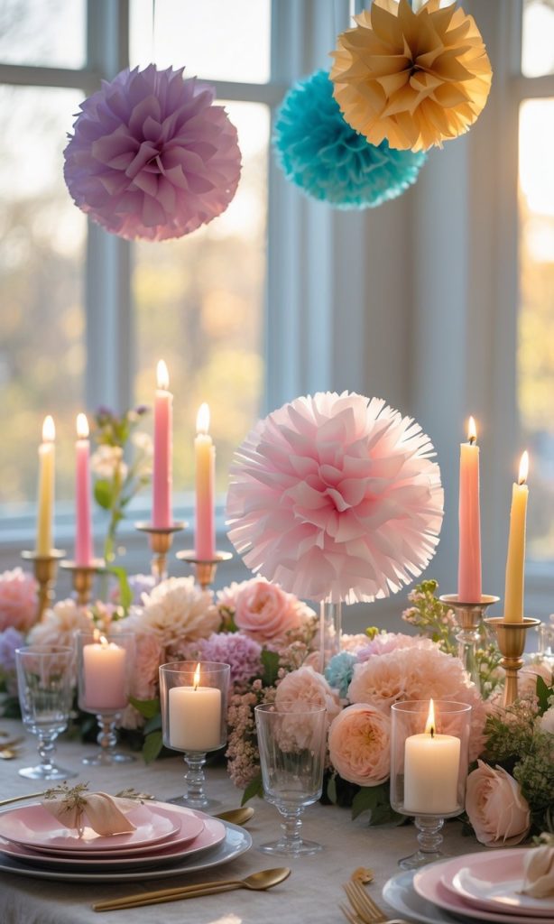 A dining table decorated with pastel flowers, lit candles, pink plates, glassware, and colorful paper pom-poms hanging above, set near large windows.