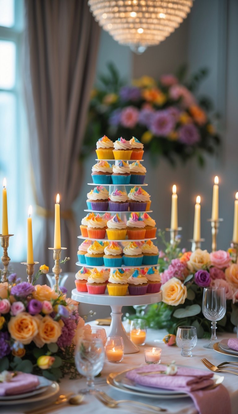 A birthday table set with a rainbow layered cupcake tower as the centerpiece, surrounded by flowers and candles.