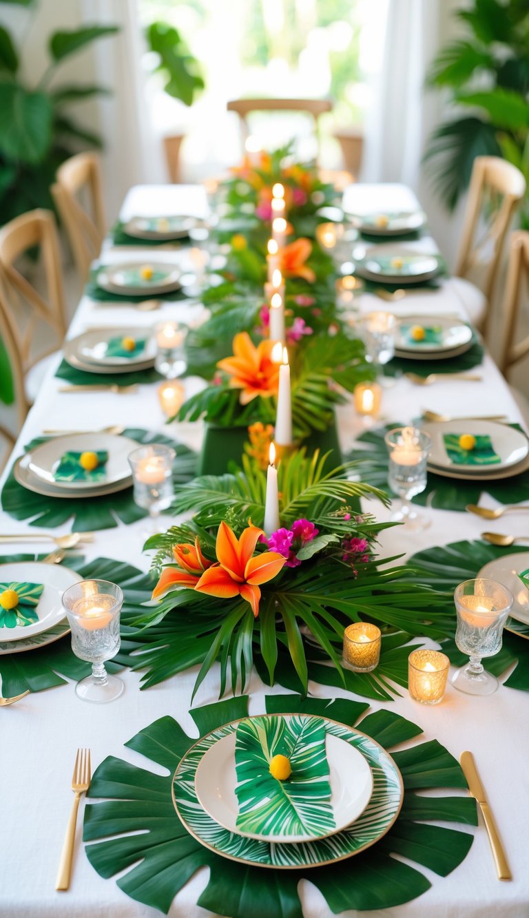 A birthday table set with tropical leaf placemats, green foliage centerpieces, bright flowers, and lit candles.
