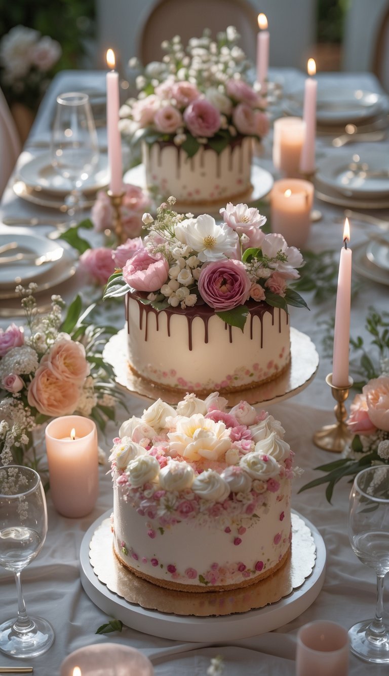 A birthday table set with cakes topped by edible flowers, surrounded by candles, fresh flowers, and elegant tableware under natural daylight.