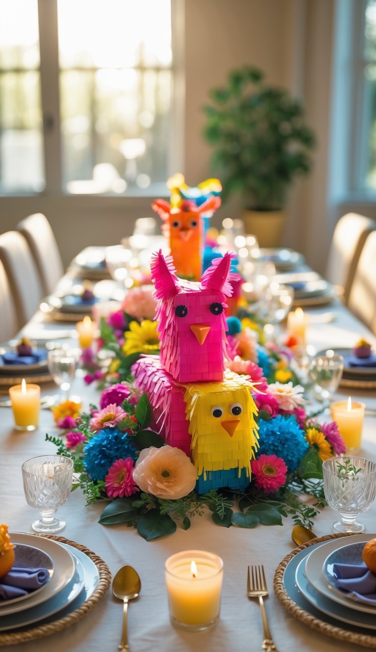 A birthday table decorated with colorful mini piñata centerpieces, flowers, and candles, set in natural light.